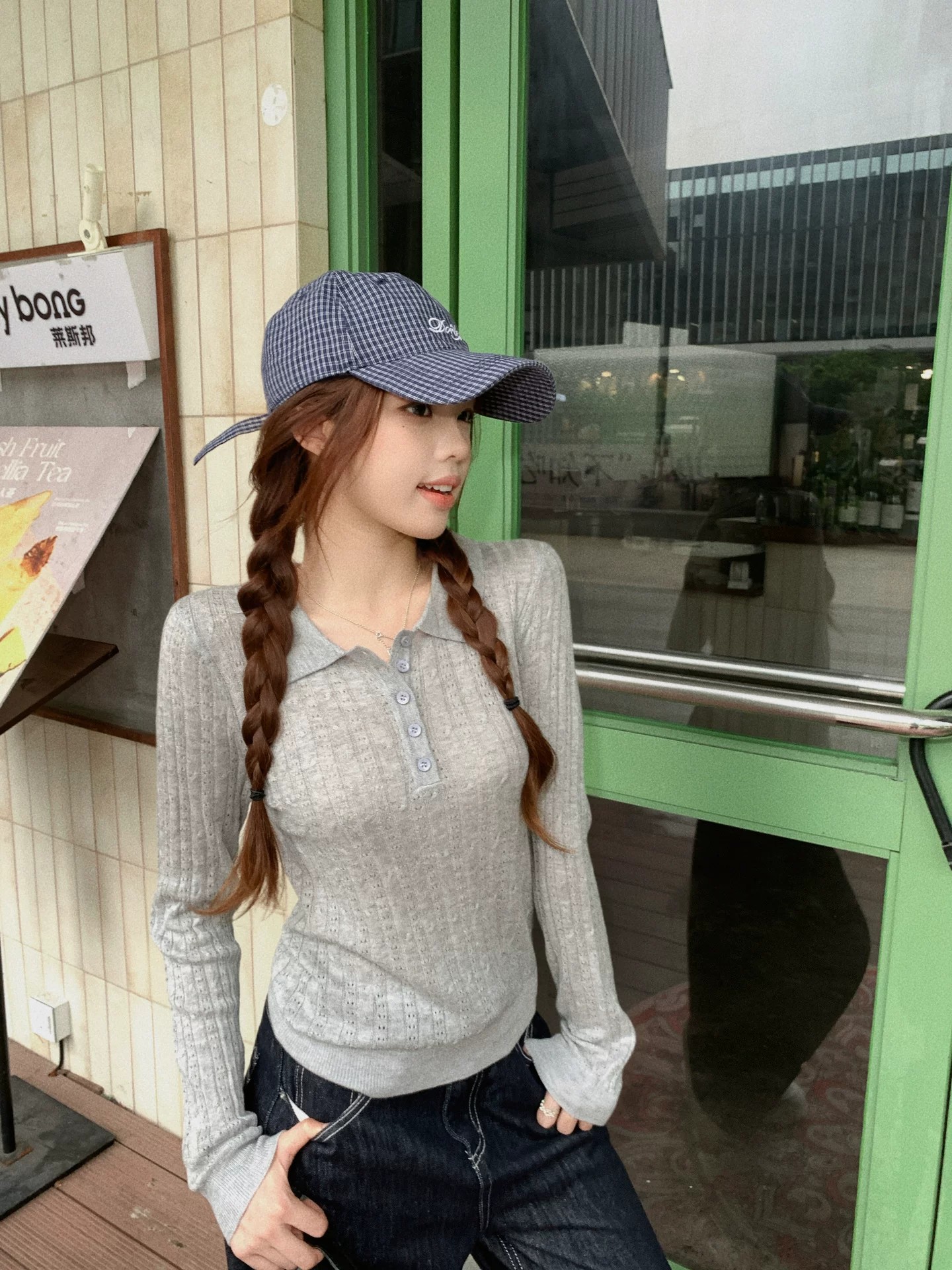 Gray Polo Collar Knit Sweater Women 2026 Fall Slimming Long Sleeve Top - Image 3