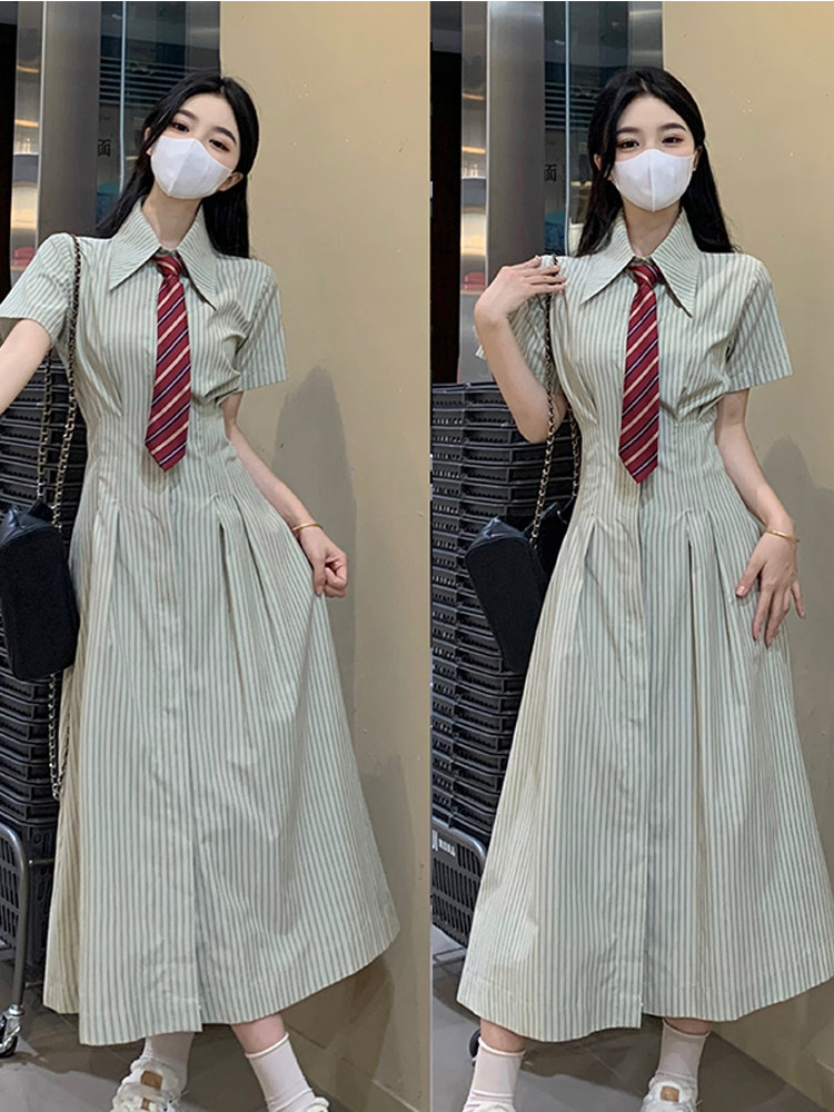 Preppy Striped Shirt Dress JK Uniform Set Long Skirt Slimming Summer